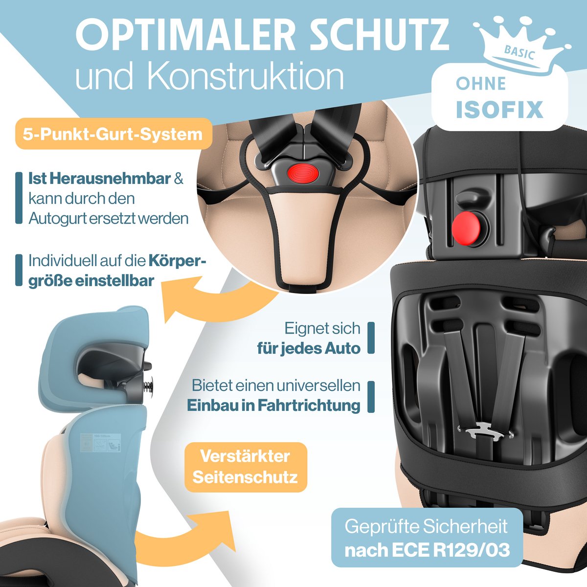 KIDIZ® Autostoeltje | Groep 1+2+3 | 9-36 kg 5-punts veiligheidsgordel, Autostoeltje, Kinderzitje, Verstelbare Hoofdsteun | Stoelverhoger 1-12 jaar, Stabiel en Veilig – foto 7