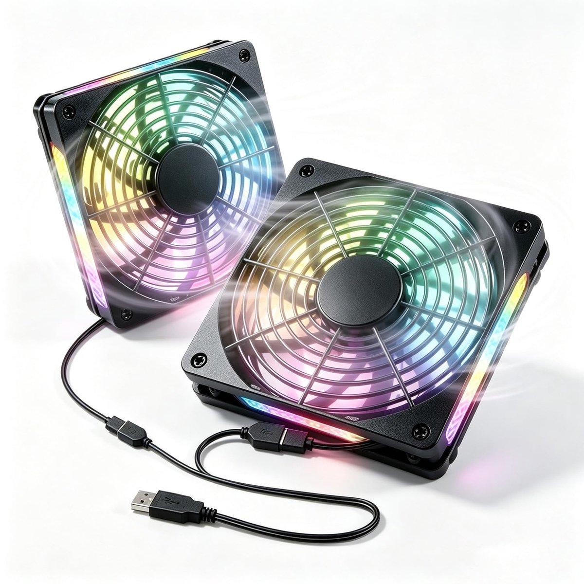 2 stuks ventilatoren 120 mm 5 V met kleurrijke led, dubbele behuizingsventilator, 2-in-1 mini-ventilator voor computer, radiator, router, PS5, tv-box, AV-kast, router, serverkast