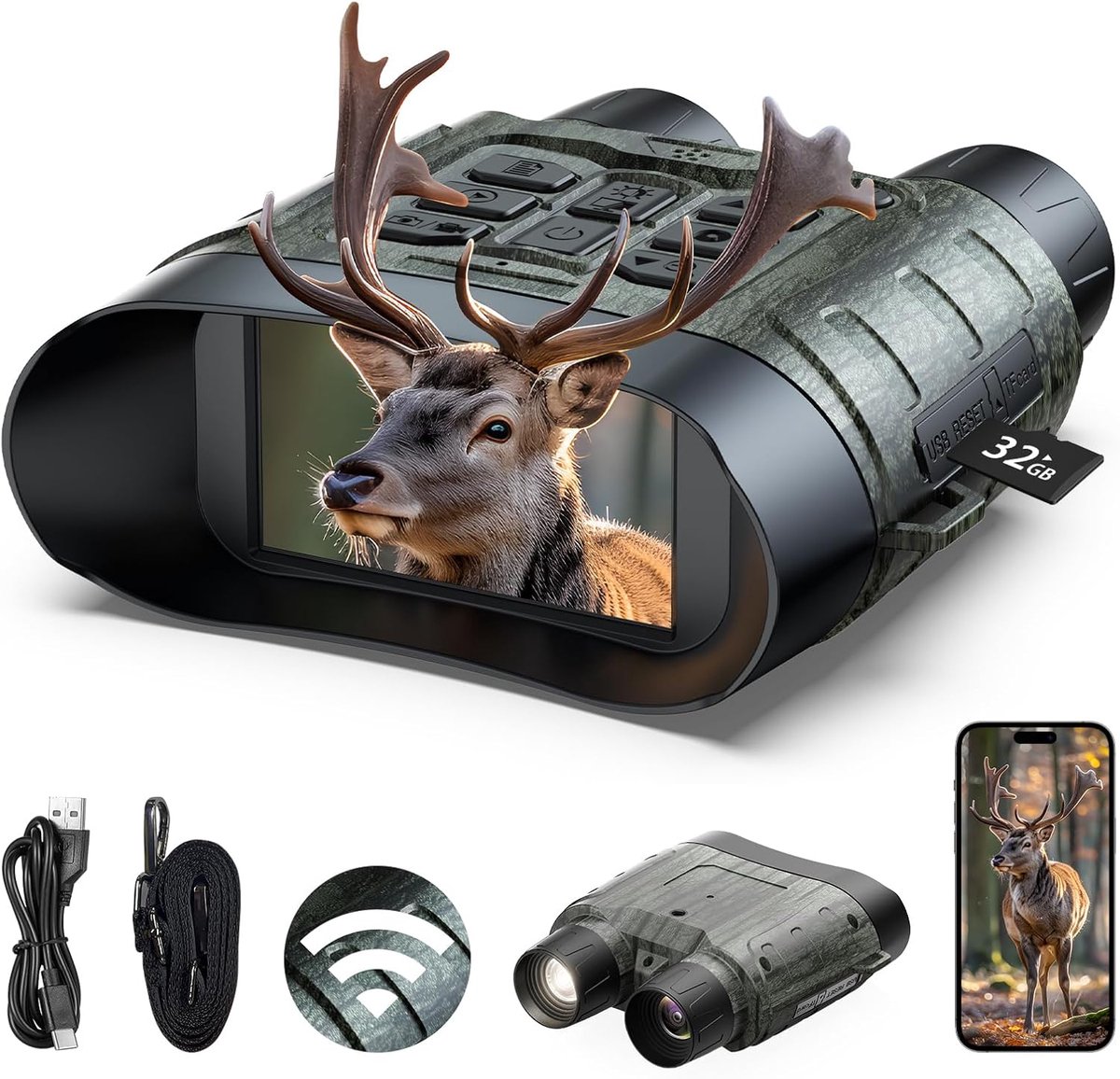 Nachtzichtapparaat met wifi, 112 MP 4K digitaal infrarood nachtzichtapparaat, 12x zoom, 450 m bereik, 5000 mAh accu, 16 uur looptijd, 32 GB geheugenkaart, wifi-app, live weergave voor jacht, camping