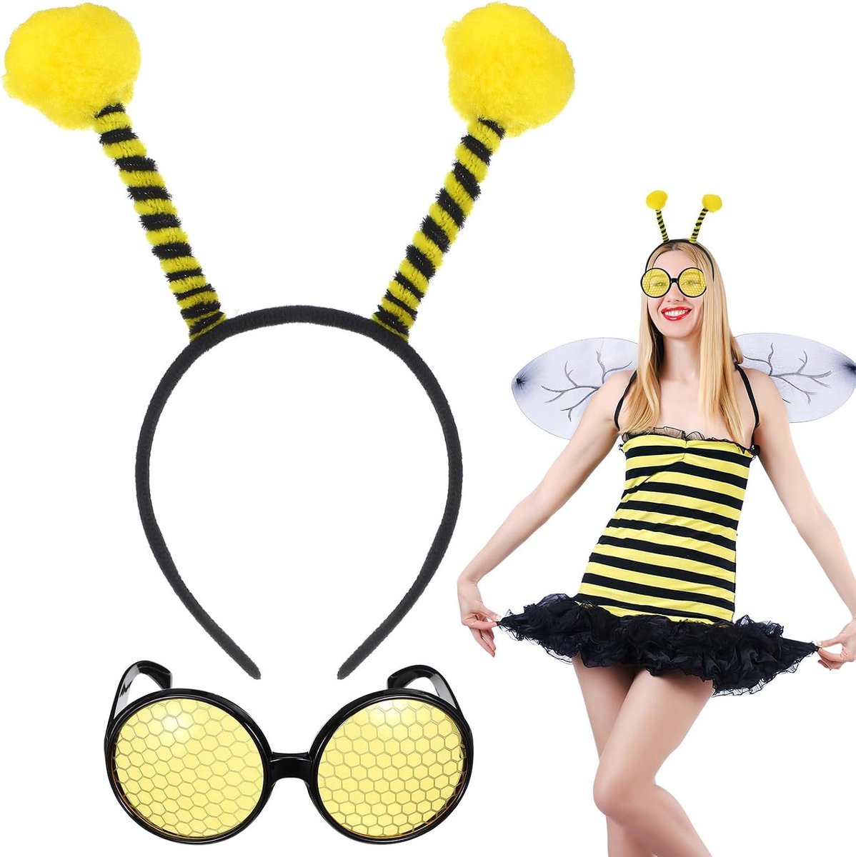 1 set bijenglazen hoofdband, cartoon-bijen-bril, haarband, Halloween-kostuumrekwisieten