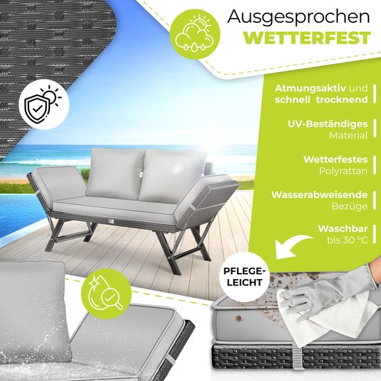 Grijze polyrotan tuinbank, weerbestendig, UV-bestendig, ademend, waterafstotende hoezen.
