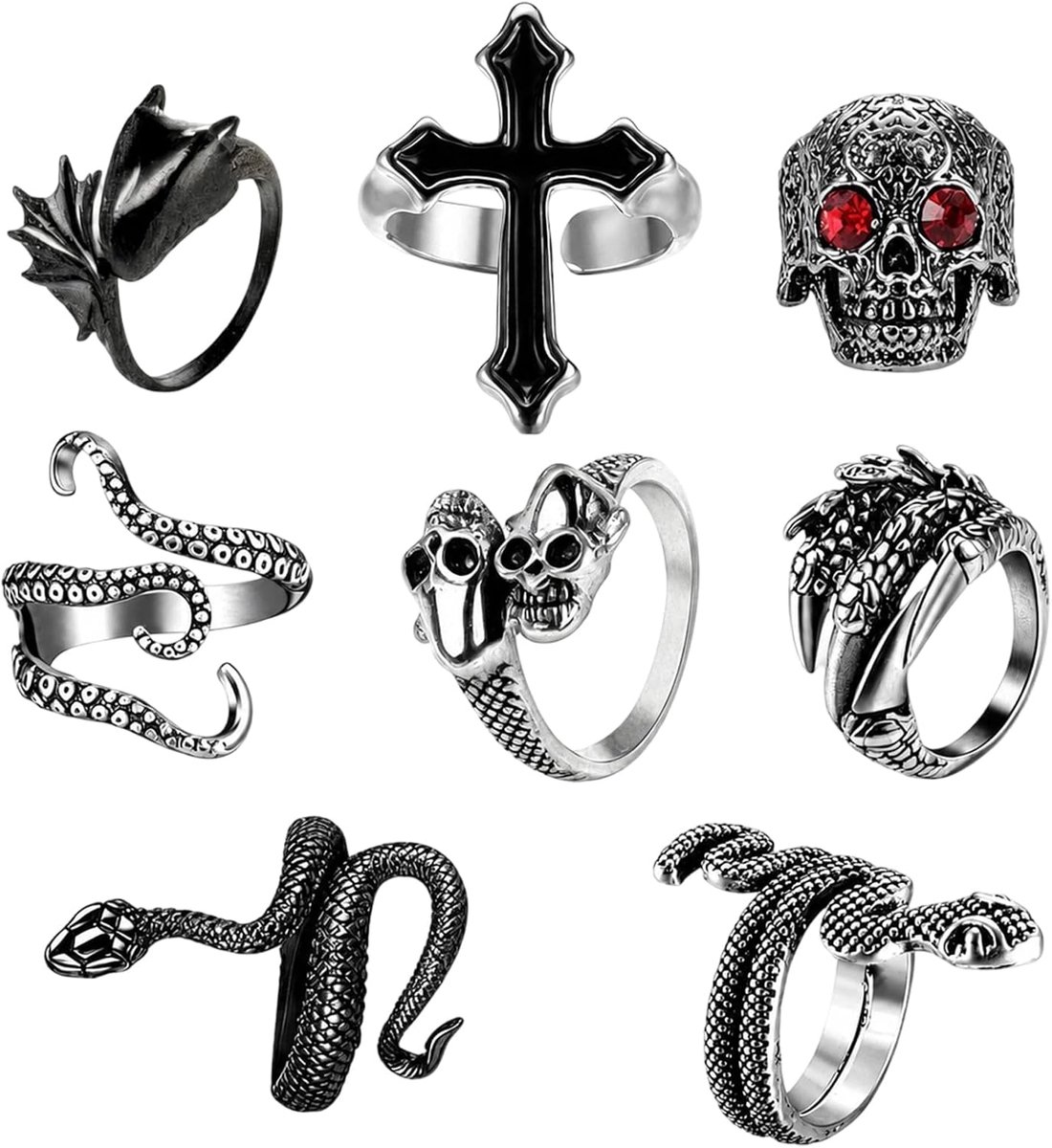 8-delige gothic ringset - verstelbare herenringen in vintage zilver punk-design, doodshoofdringen heren met slang, kruis en draak