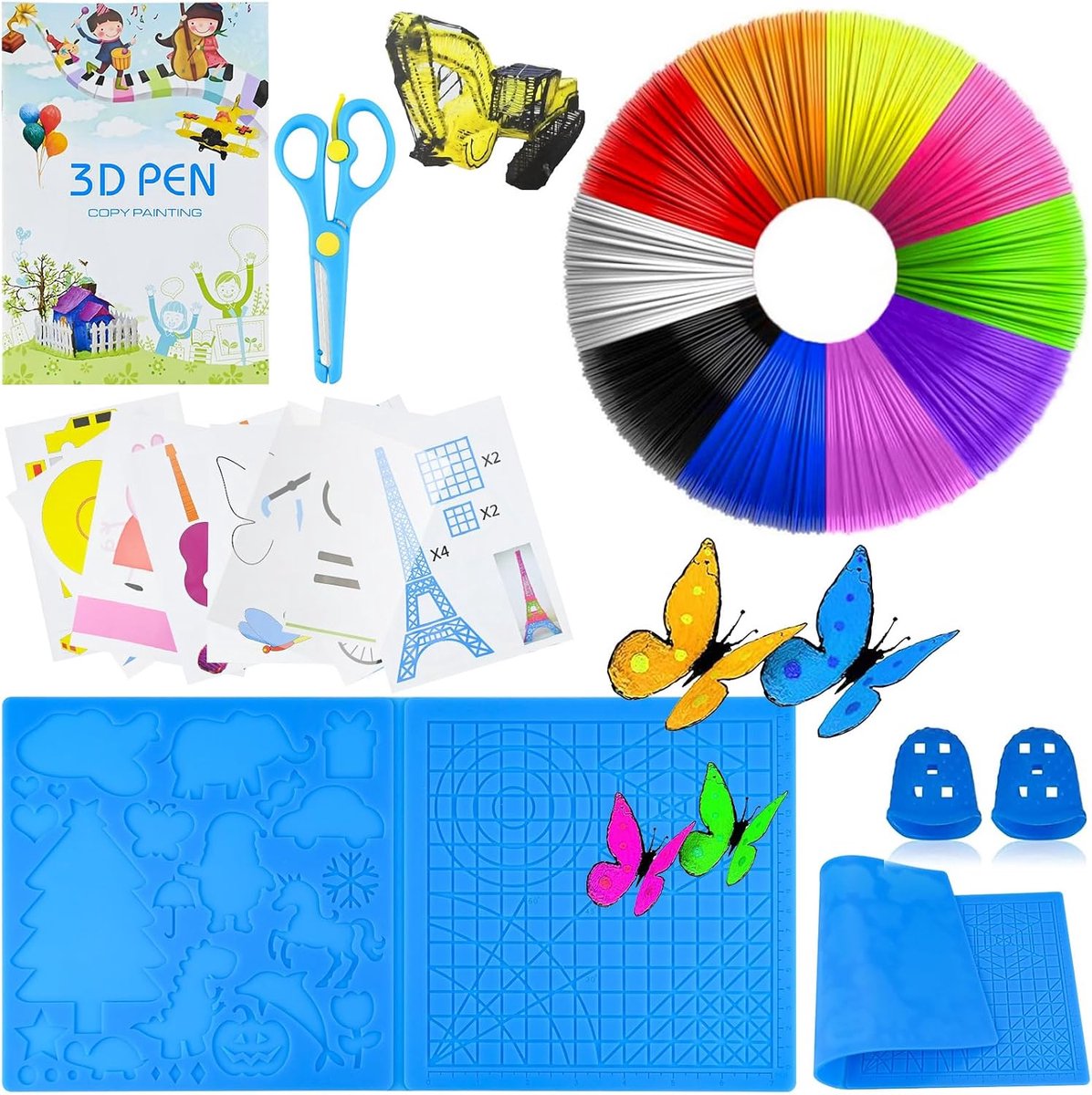 3D-pen accessoires, 10 kleuren PLA-filament 1,75 mm bij 5 m, grote siliconen pad 41,2 x 20,3 cm, 2 vingerbeschermers en schaar, 3D-accessoires voor kinderen en beginners