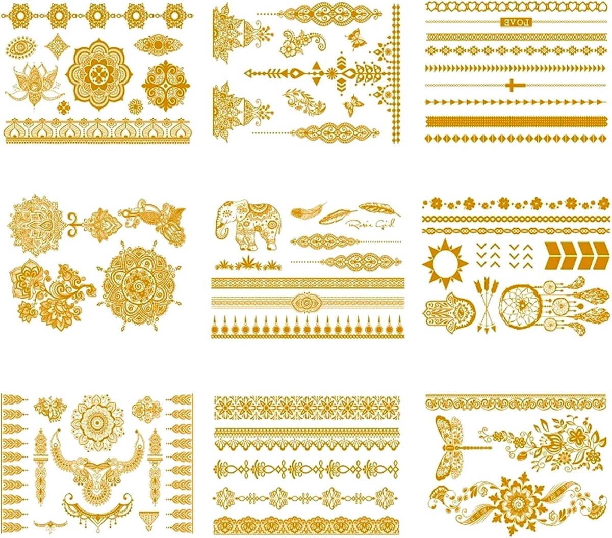 Tijdelijke tatoeages om op te plakken, 9 vellen muziek, festival, flash, goud, tijdelijke tatoeages voor vrouwen, accessoires, feestaccessoires, 3D waterdichte tatoeages, volwassenen, Halloween (goud)