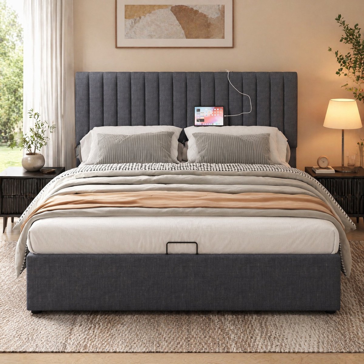 WUVRIE Gestoffeerd bed 140x200 cm met opbergruimte, verstelbaar LED-hoofdbord, USB en Type-C, grijs