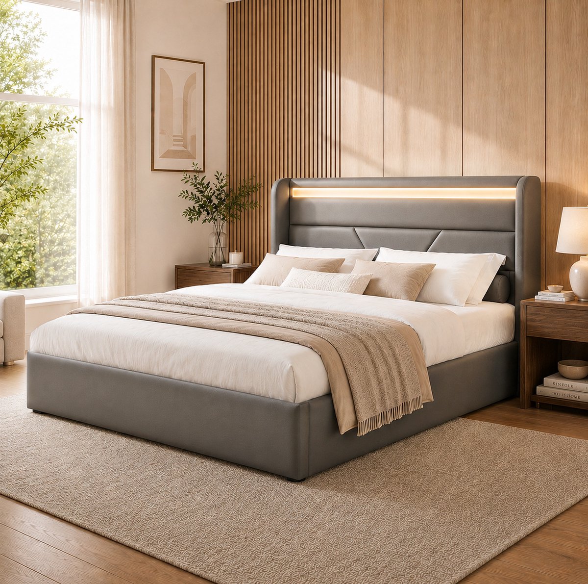 WUVRIE Hydraulisch opbergbed 140x200 cm met LED-verlichting, afstandsbediening en kunstleren bekleding, grijs