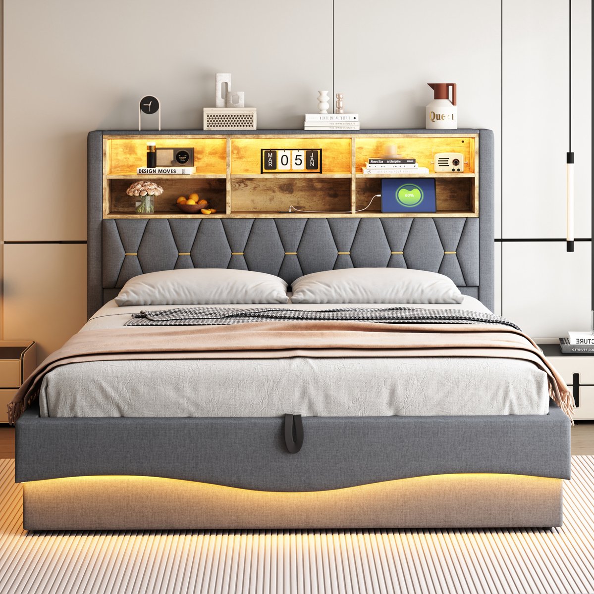 WUVRIE Gestoffeerd bed 180x200 cm met hydraulische opbergruimte, LED, USB en metalen lattenbodem, grijs