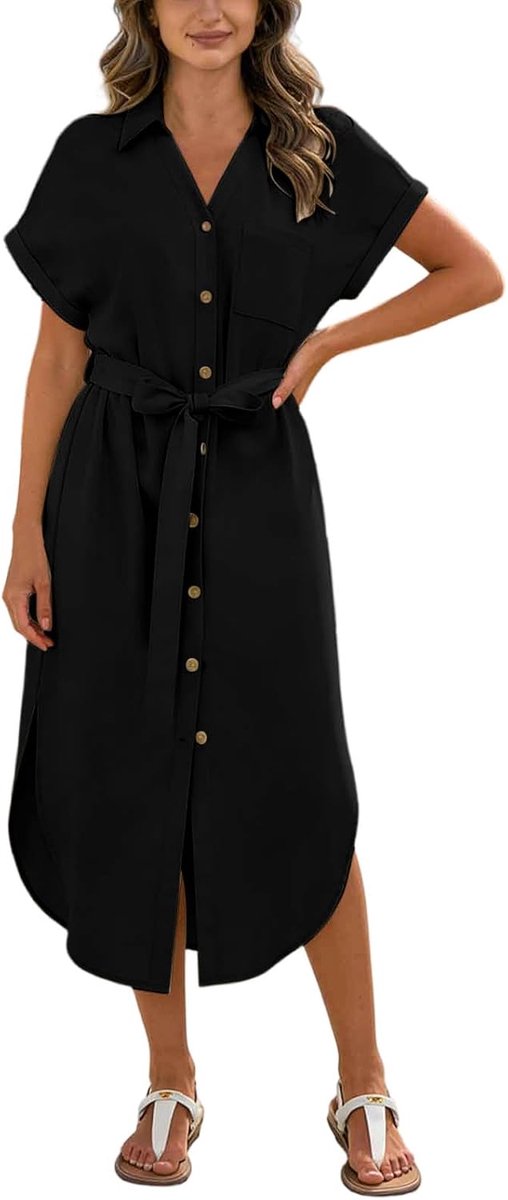 Lang blousejurk, zomerjurk, korte mouwen, V-hals, knoopsluiting, met riem en zak