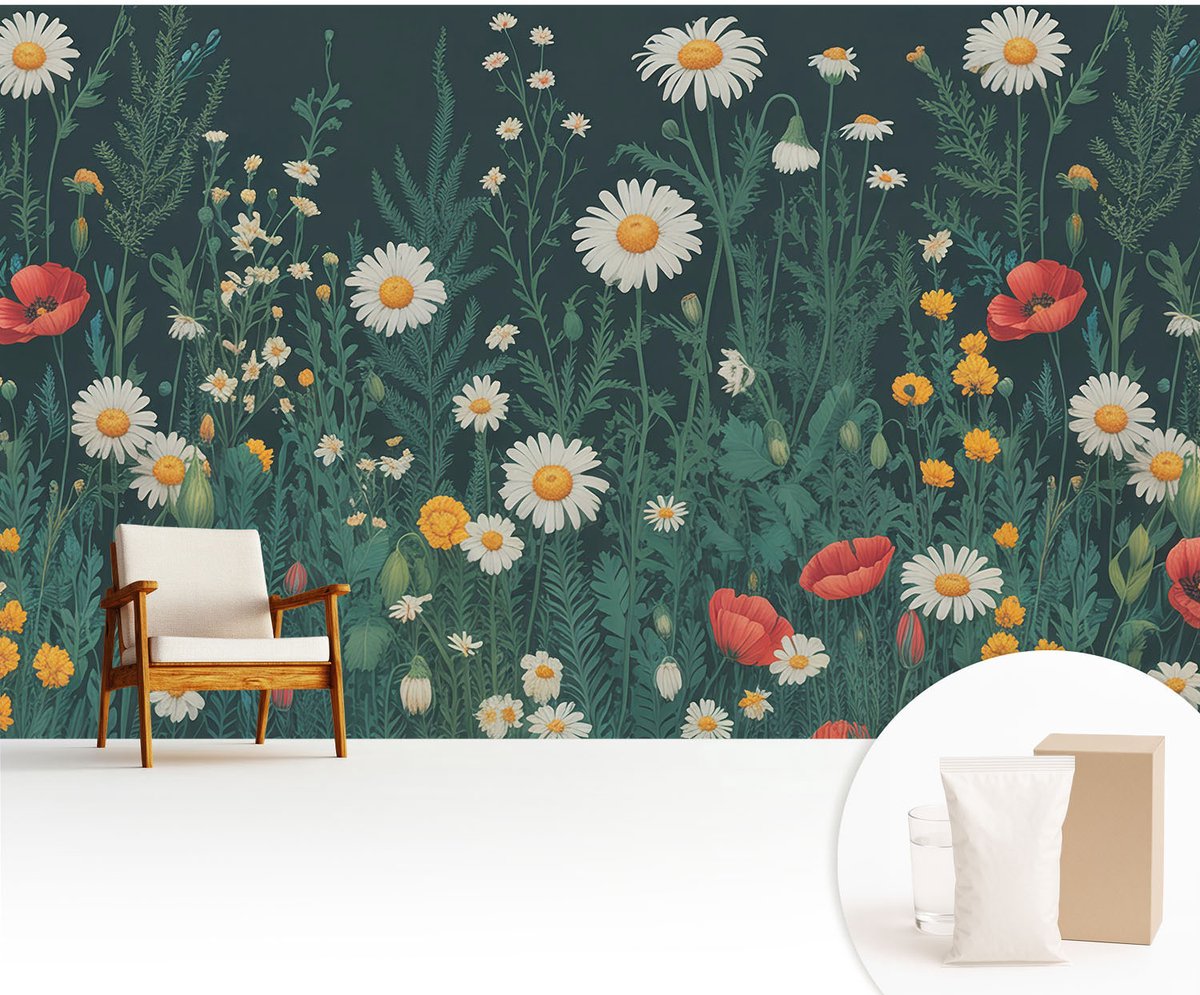 Wallfluent Fotobehang - Groente Vliesbehang - 416x254 cm - Wilde Bloemen Fotobehang Vlies - Hal behang Bloemen En Planten - Muurschildering - Woonkamer behang
