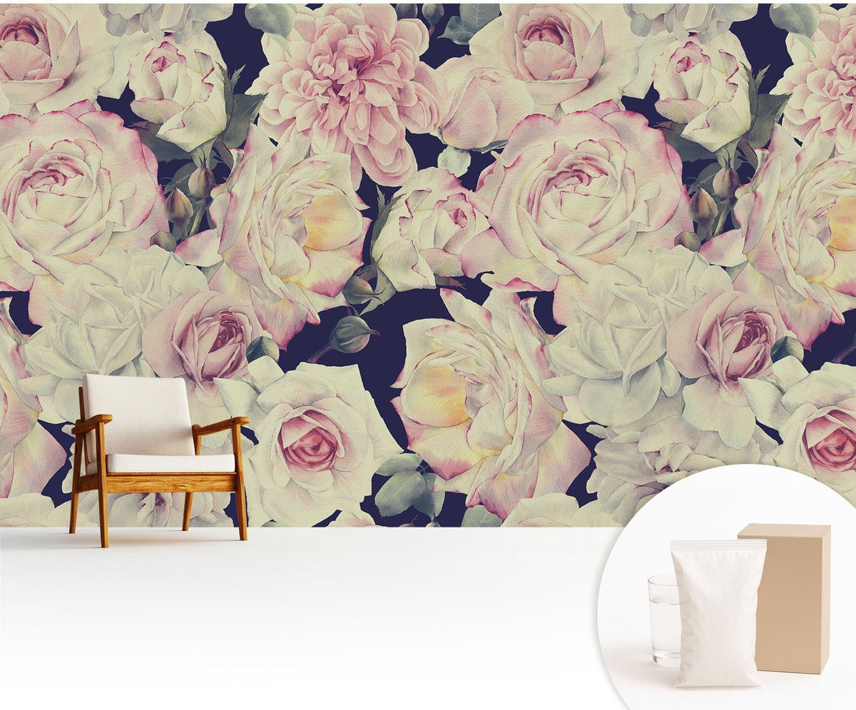 Wallfluent Fotobehang - Wit Vliesbehang - 416x254 cm - Bloemenboeket Fotobehang Vlies - Hal behang Bloemen En Planten - Muurschildering - Hal behang