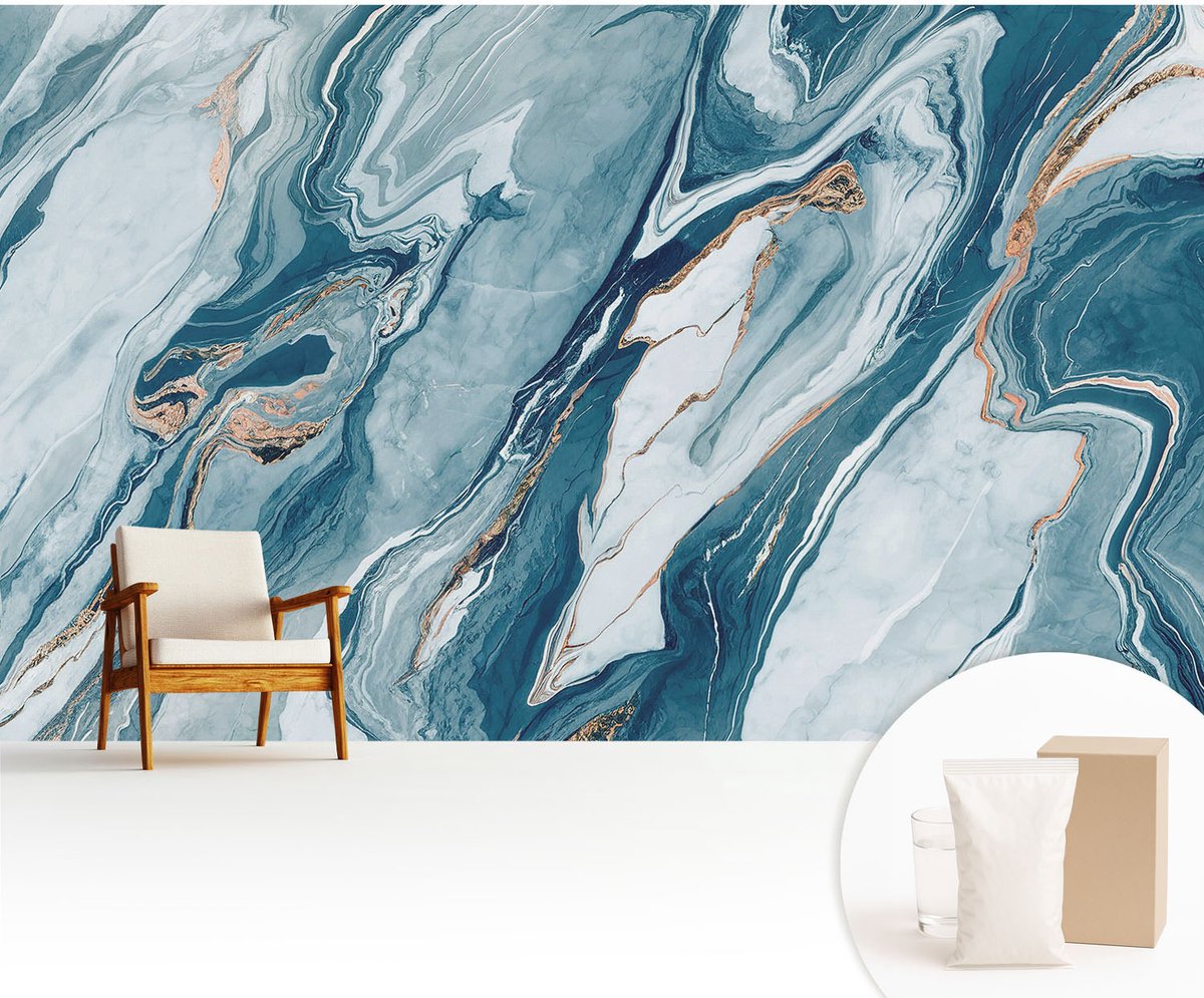 Wallfluent Fotobehang - Blauw Vliesbehang - 416x254 cm - Minerale Elegantie Fotobehang Vlies - Woonkamer behang Abstractie - Muurschildering - Woonkamer behang