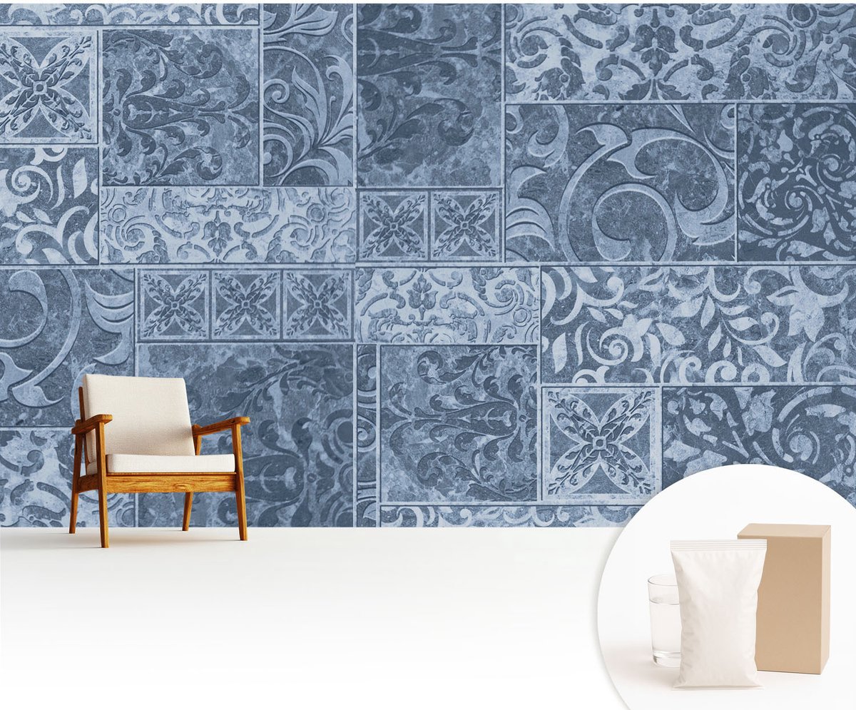 Wallfluent Fotobehang - Blauw Vliesbehang - 416x254 cm - Plantenornamenten Muurschildering - Slaapkamer behang Achtergronden En Patronen - Fotobehang Vlies - Slaapkamer behang