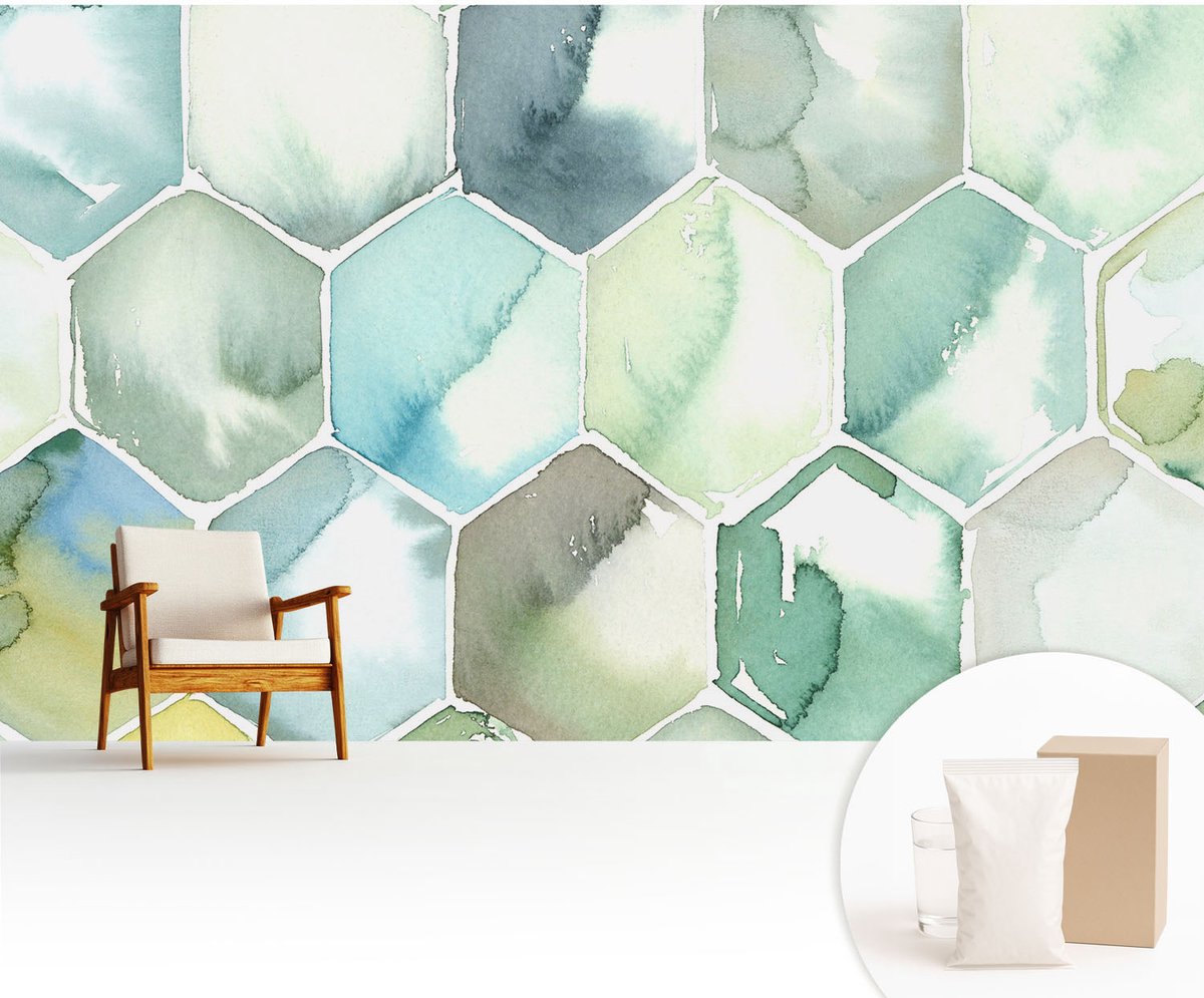 Wallfluent Fotobehang - Groente Vliesbehang - 416x254 cm - Pastelkleurige Zeshoeken Fotobehang Vlies - Woonkamer behang Achtergronden En Patronen - Muurschildering - Hal behang