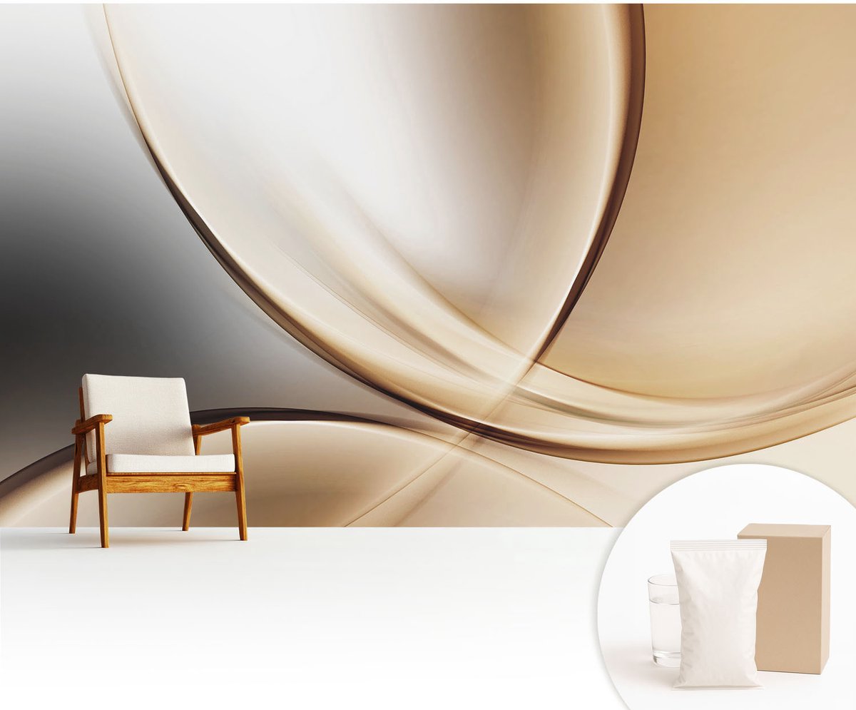 Wallfluent Fotobehang - Beige Vliesbehang - 416x254 cm - Afgeronde Lijnen Fotobehang Vlies - Hal behang Abstractie - Muurschildering - Woonkamer behang