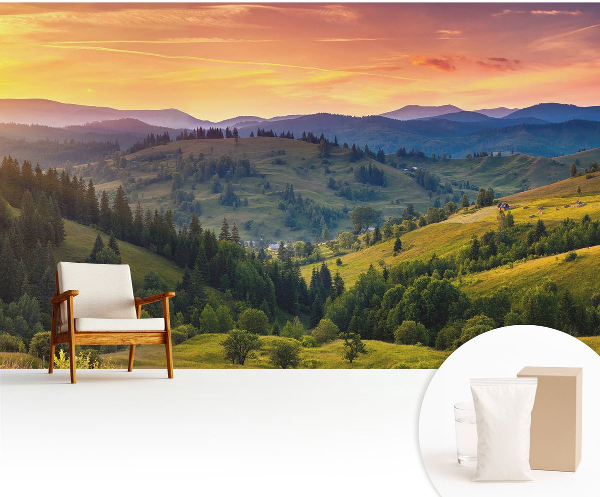 Wallfluent Fotobehang - Geel Vliesbehang - 416x254 cm - Berglandschap Muurschildering - Slaapkamer behang Landschappen - Fotobehang Vlies - Gang behang