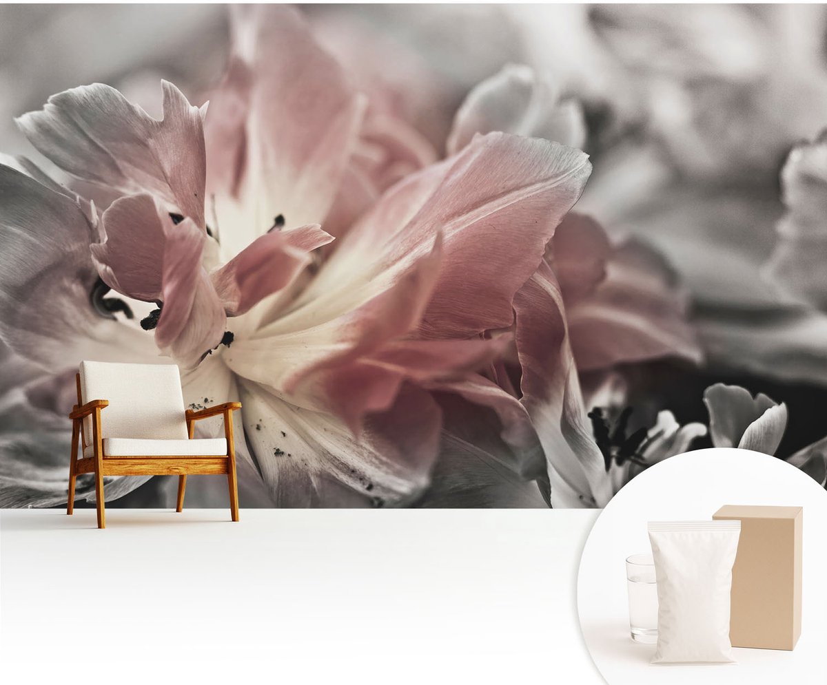 Wallfluent Fotobehang - Grijs Vliesbehang - 416x254 cm - Pastelkleurige Bloem Fotobehang Vlies - Hal behang Bloemen En Planten - Muurschildering - Woonkamer behang