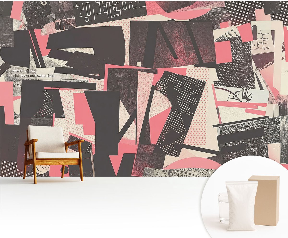 Wallfluent Fotobehang - Zwart Vliesbehang - 416x254 cm - Geometrische Collage Muurschildering - Gang behang Abstractie - Fotobehang Vlies - Gang behang
