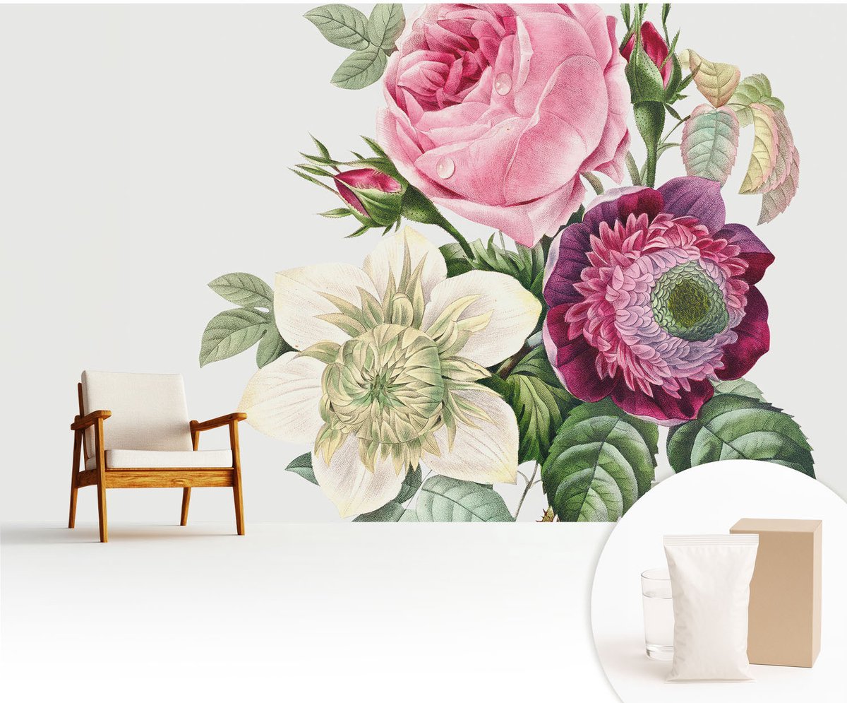 Wallfluent Fotobehang - Roze Vliesbehang - 416x254 cm - Bloemenboeket Muurschildering - Slaapkamer behang Bloemen En Planten - Fotobehang Vlies - Slaapkamer behang