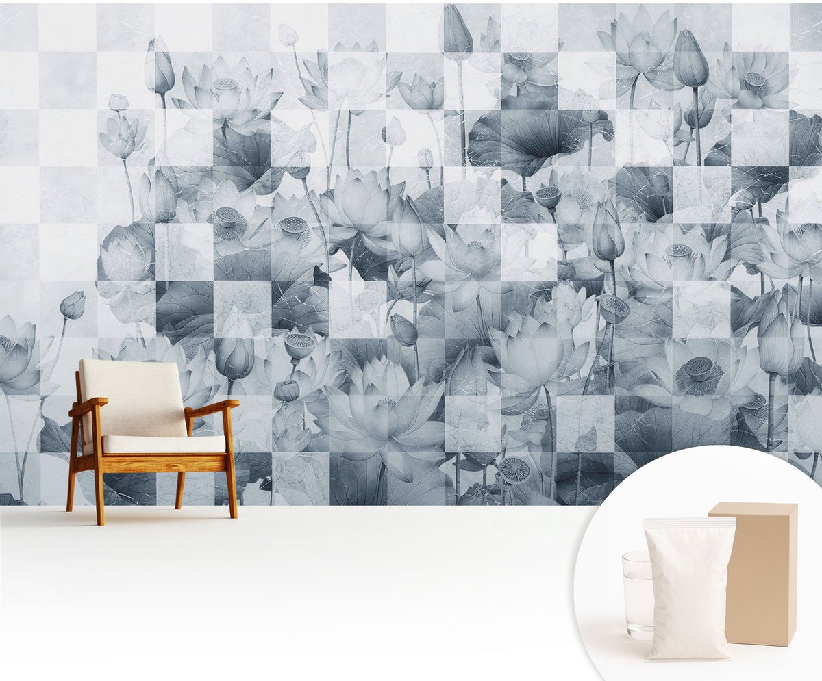 Wallfluent Fotobehang - Blauw Vliesbehang - 416x254 cm - Lotusbloemen Muurschildering - Slaapkamer behang Texturen - Fotobehang Vlies - Slaapkamer behang
