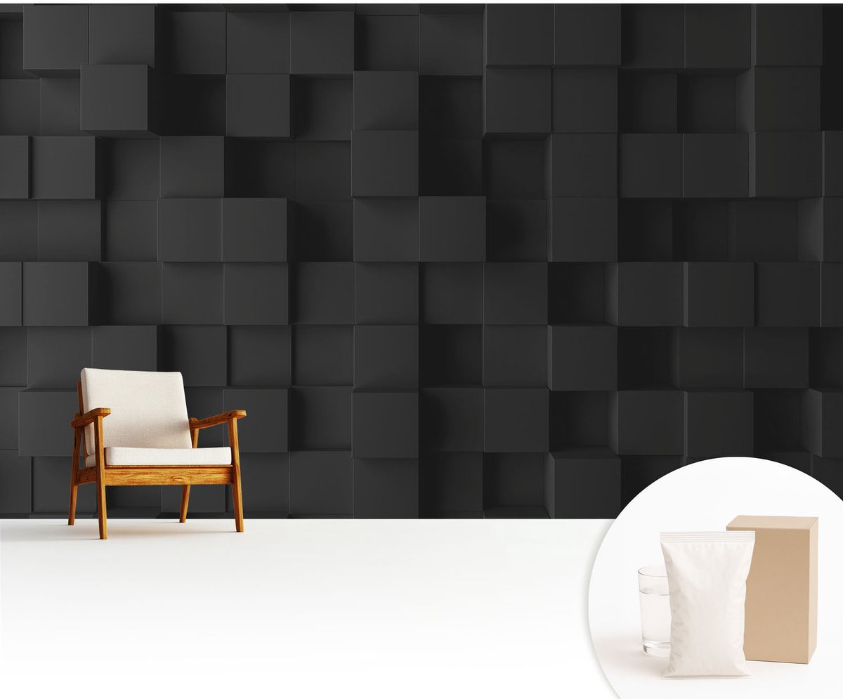 Wallfluent Fotobehang - Zwart Vliesbehang - 416x254 cm - Driedimensionale Kubussen Fotobehang Vlies - Hal behang Achtergronden En Patronen - Muurschildering - Woonkamer behang