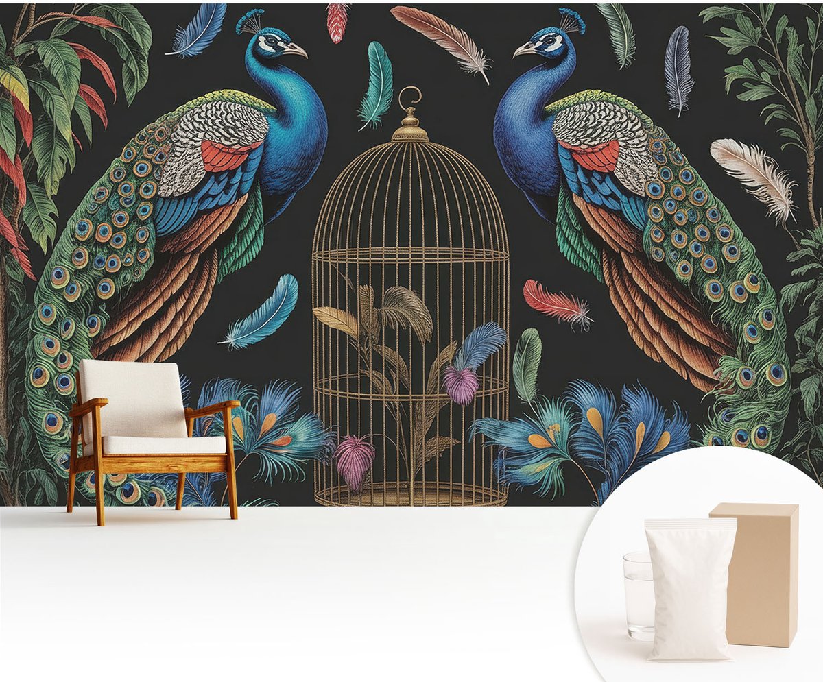 Wallfluent Fotobehang - Wit Vliesbehang - 416x254 cm - Exotische Pauwen Muurschildering - Gang behang Dieren - Fotobehang Vlies - Slaapkamer behang