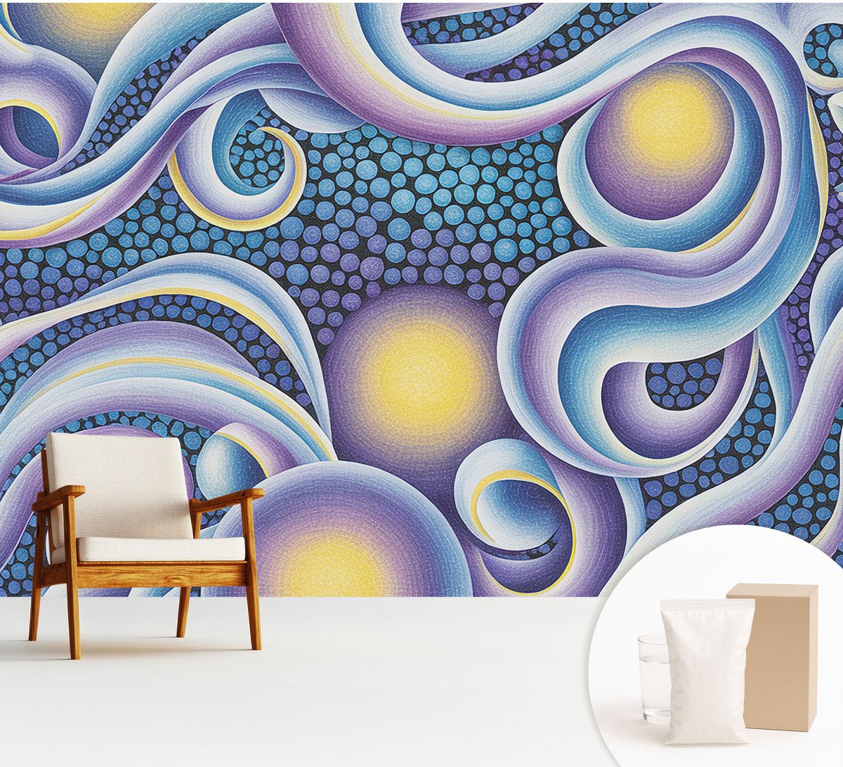 Wallfluent Fotobehang - Blauw Vliesbehang - 312x219 cm - Kleurrijke Wervelingen Muurschildering - Gang behang Abstractie - Fotobehang Vlies - Slaapkamer behang