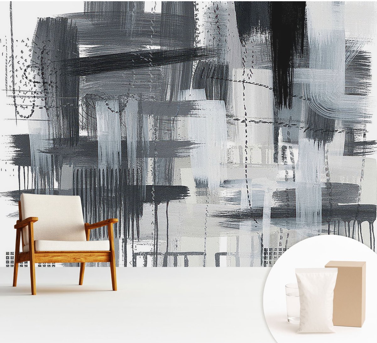 Wallfluent Fotobehang - Zwart Vliesbehang - 312x219 cm - Moderne Kunst Fotobehang Vlies - Woonkamer behang Abstractie - Muurschildering - Hal behang