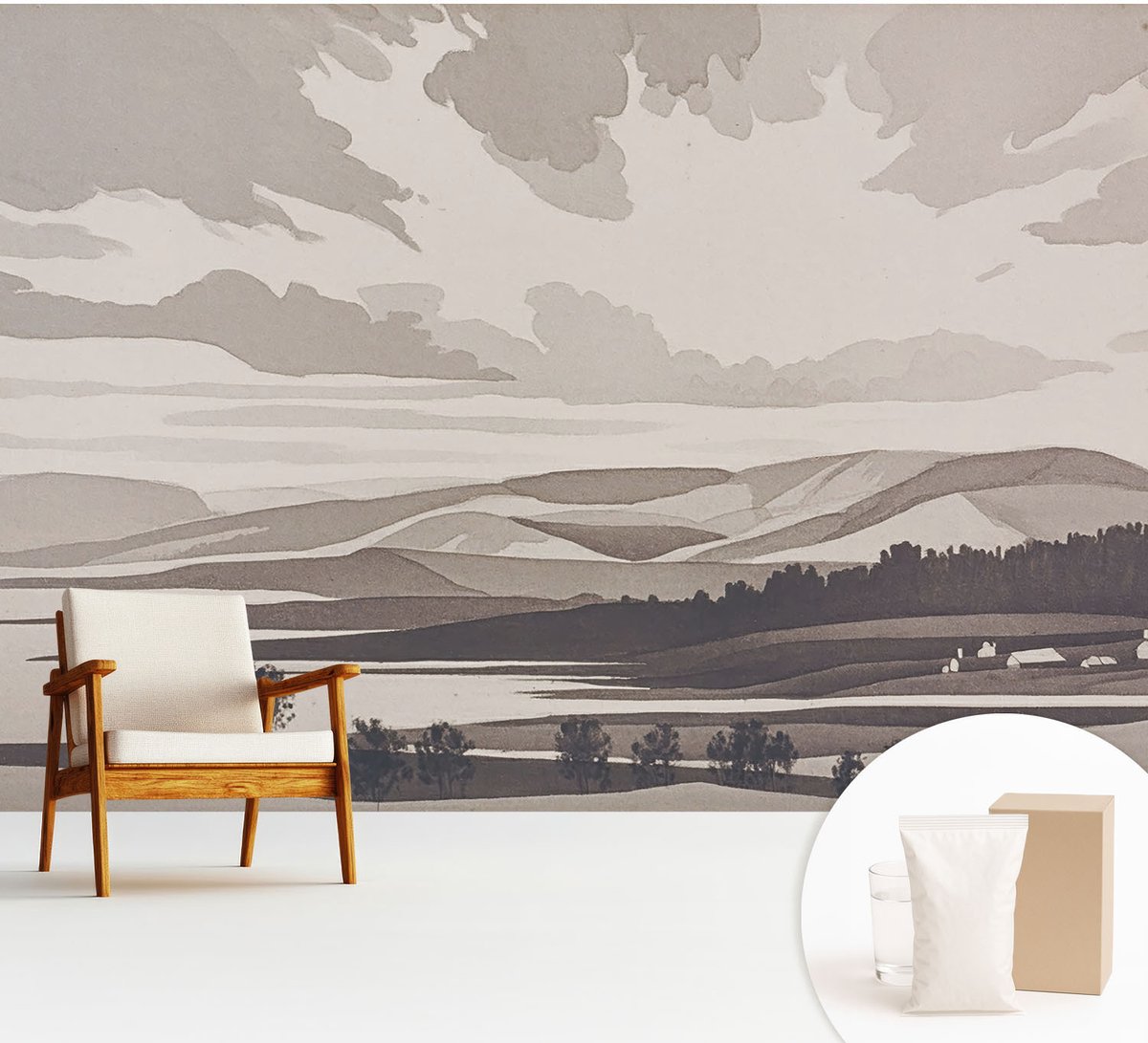Wallfluent Fotobehang - Grijs Vliesbehang - 312x219 cm - Een Vredig Landschap Fotobehang Vlies - Woonkamer behang Landschappen - Muurschildering - Woonkamer behang
