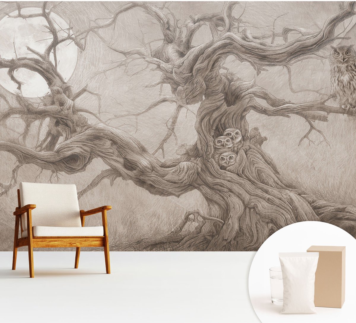 Wallfluent Fotobehang - Beige Vliesbehang - 312x219 cm - Nachtvogels Fotobehang Vlies - Hal behang Deel - Muurschildering - Woonkamer behang