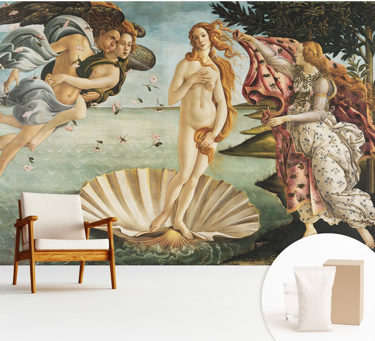 Wallfluent Fotobehang - Zwart Vliesbehang - 312x219 cm - De Geboorte Van Venus Fotobehang Vlies - Woonkamer behang Deel - Muurschildering - Woonkamer behang
