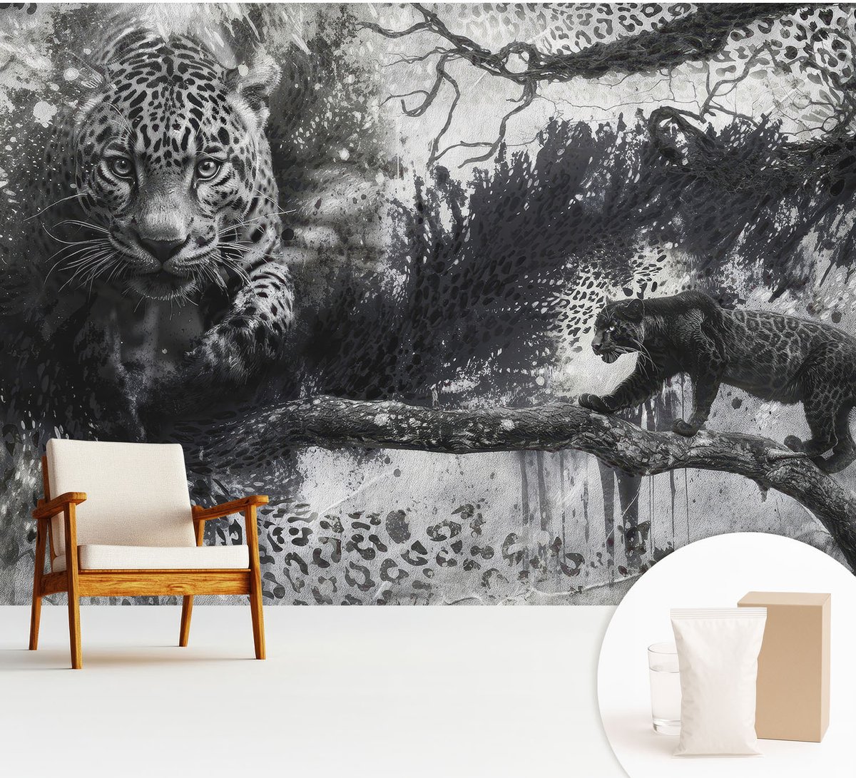 Wallfluent Fotobehang - Zwart-Wit Vliesbehang - 312x219 cm - Abstracte Luipaarden Fotobehang Vlies - Hal behang Dieren - Muurschildering - Hal behang
