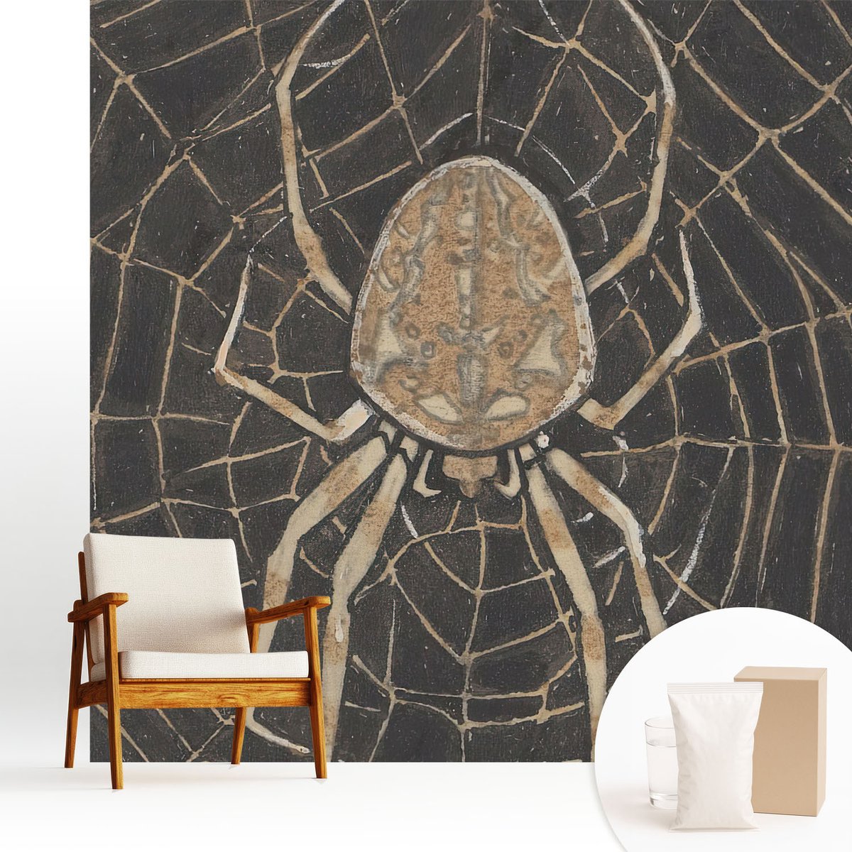 Wallfluent Fotobehang - Zwart Vliesbehang - 250x250 cm - Spinnenweb Fotobehang Vlies - Woonkamer behang Dieren - Muurschildering - Woonkamer behang