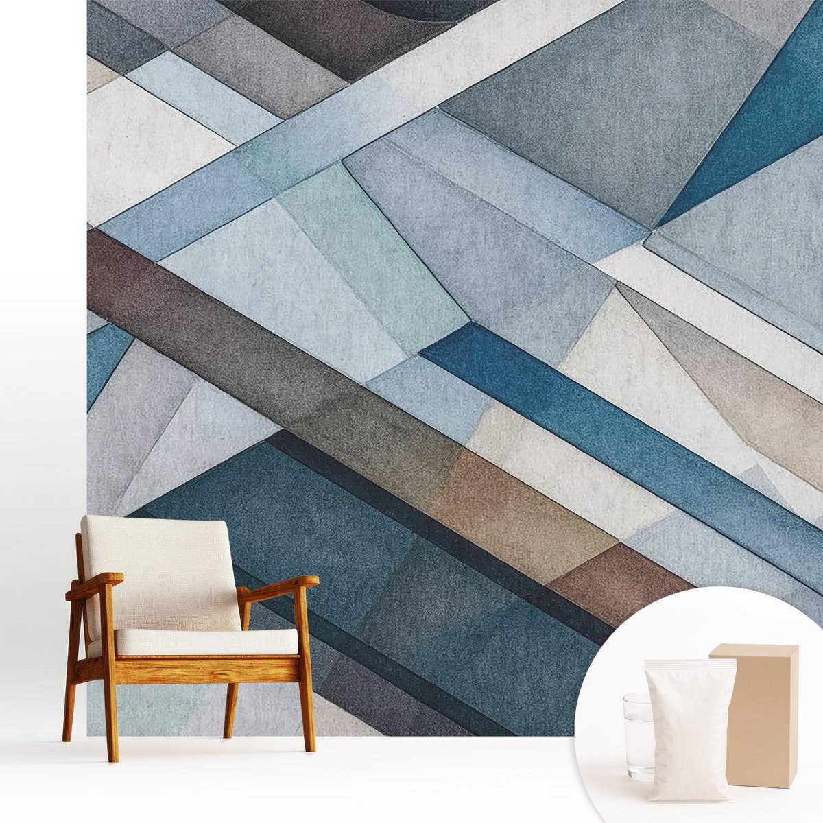Wallfluent Fotobehang - Blauw Vliesbehang - 250x250 cm - Abstracte Geometrie Fotobehang Vlies - Hal behang Geometrie - Muurschildering - Hal behang