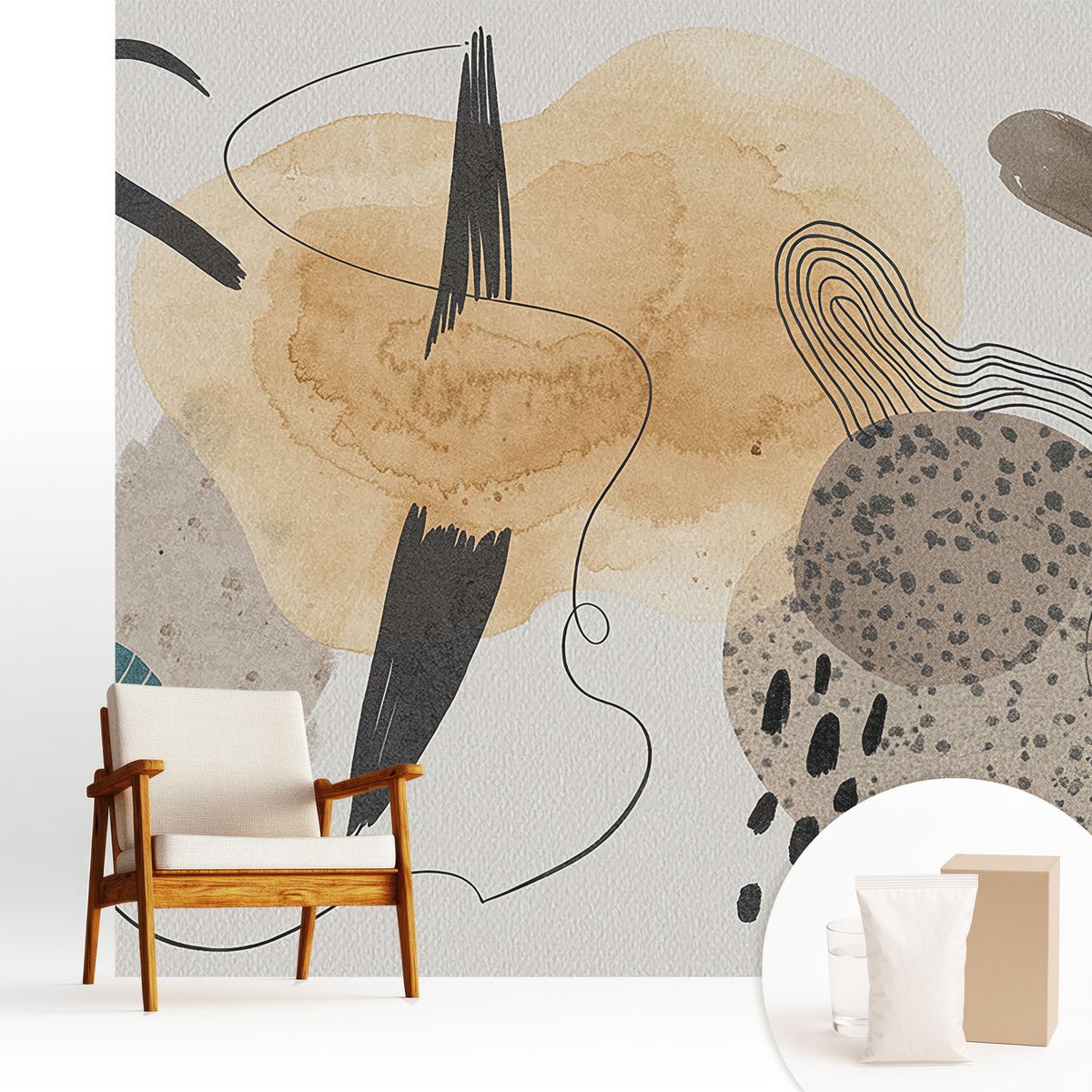 Wallfluent Fotobehang - Beige Vliesbehang - 250x250 cm - Abstracte Compositie Muurschildering - Gang behang Abstractie - Fotobehang Vlies - Gang behang