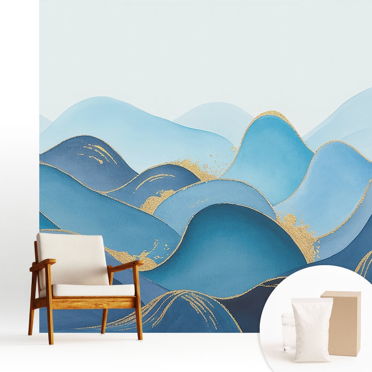 Wallfluent Fotobehang - Blauw Vliesbehang - 250x250 cm - Glooiend Landschap Muurschildering - Gang behang Abstractie - Fotobehang Vlies - Slaapkamer behang