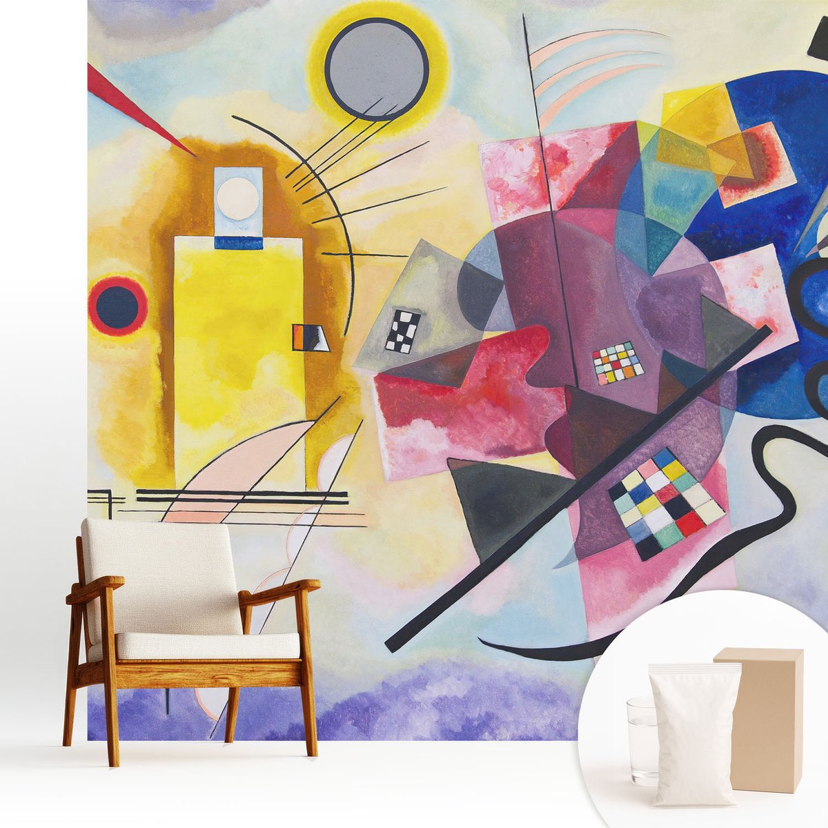 Wallfluent Fotobehang - Geel Vliesbehang - 250x250 cm - Kleurrijke Abstractie Fotobehang Vlies - Woonkamer behang Abstractie - Muurschildering - Woonkamer behang