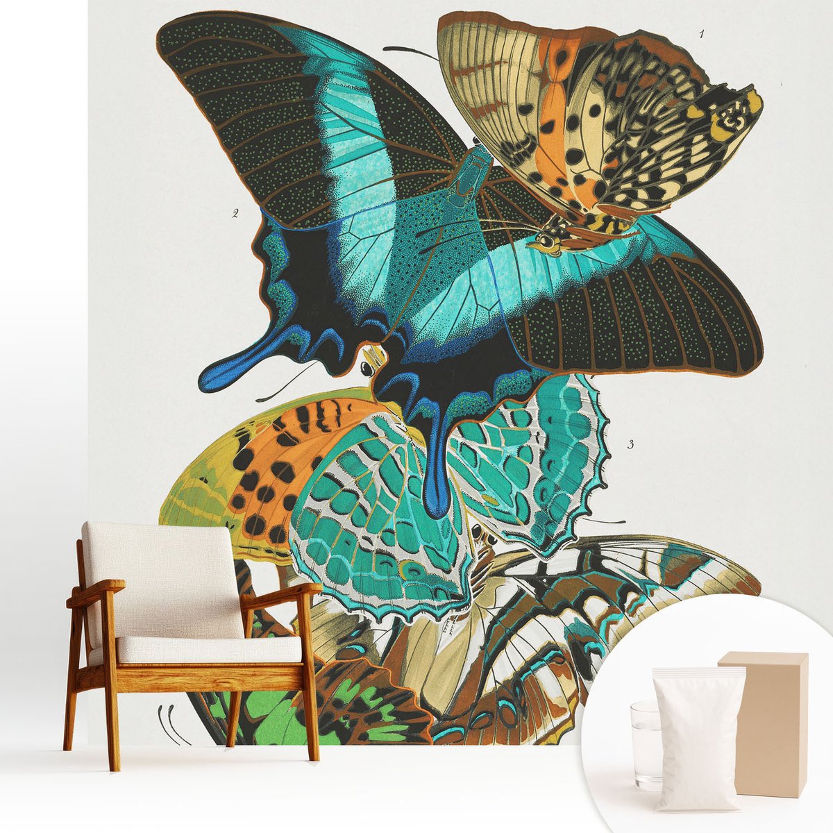 Wallfluent Fotobehang - Turkoois Vliesbehang - 250x250 cm - Kleurrijke Vlinders Fotobehang Vlies - Hal behang Dieren - Muurschildering - Hal behang