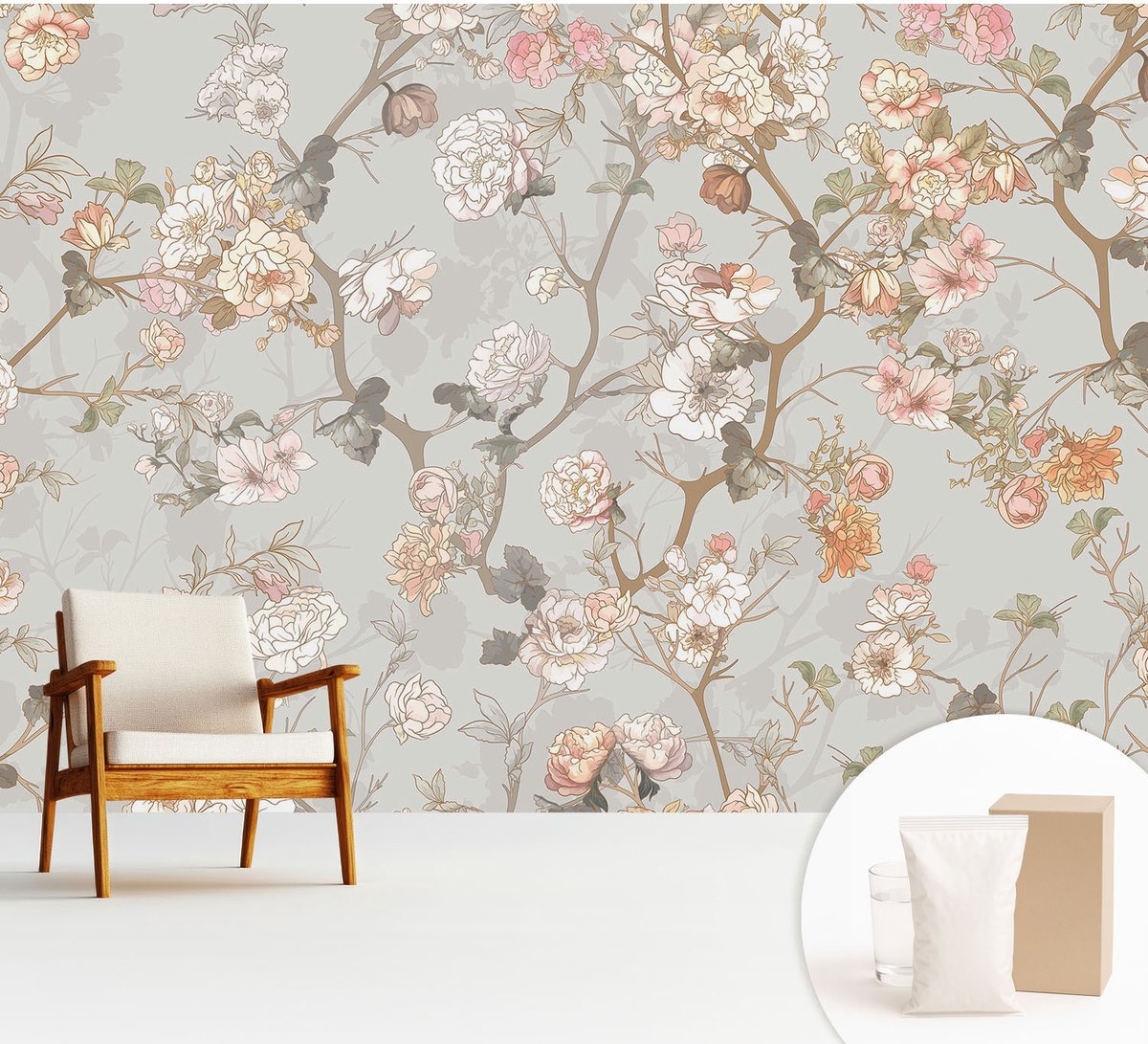 Wallfluent Fotobehang - Grijs Vliesbehang - 312x219 cm - Romantisch Patroon Fotobehang Vlies - Hal behang Bloemen En Planten - Muurschildering - Woonkamer behang