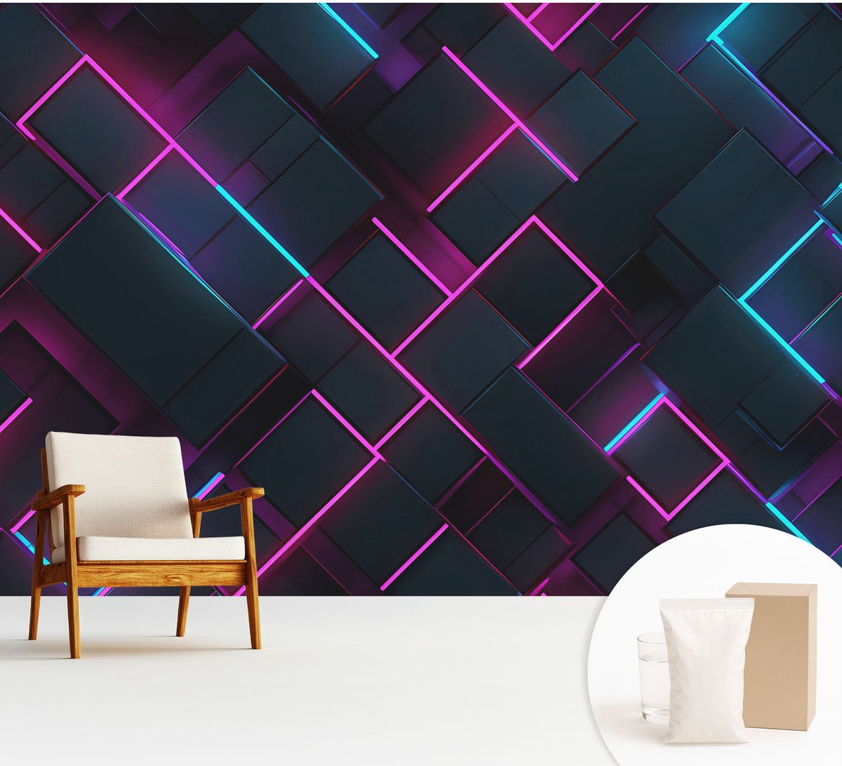 Wallfluent Fotobehang - Marine Vliesbehang - 312x219 cm - Neon Geometrie Fotobehang Vlies - Woonkamer behang Abstractie - Muurschildering - Hal behang