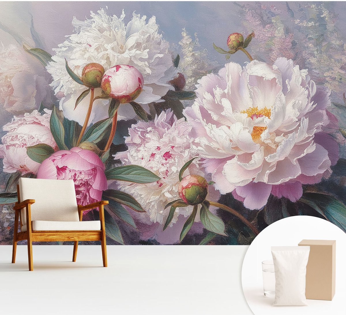 Wallfluent Fotobehang - Roze Vliesbehang - 312x219 cm - Pioenrozenboeket Muurschildering - Gang behang Bloemen En Planten - Fotobehang Vlies - Slaapkamer behang