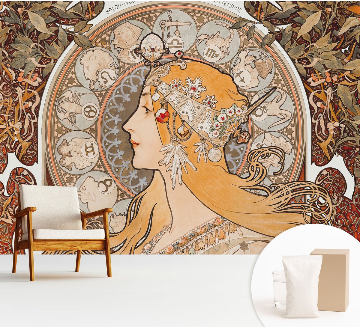 Wallfluent Fotobehang - Beige Vliesbehang - 312x219 cm - Zodiacale Elegantie Muurschildering - Slaapkamer behang Deel - Fotobehang Vlies - Slaapkamer behang