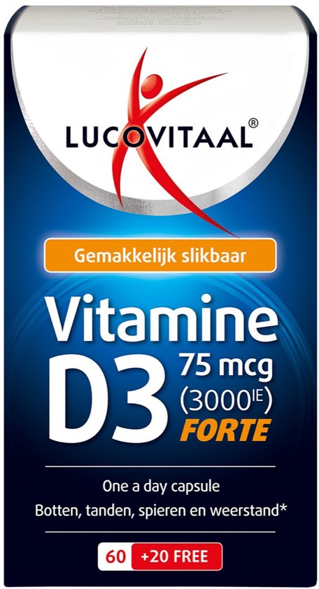 Verpakking van Lucovitaal Vitamine D3 75 mcg (3000 IE) FORTE. Makkelijk slikbaar, 60 + 20 gratis capsules.
