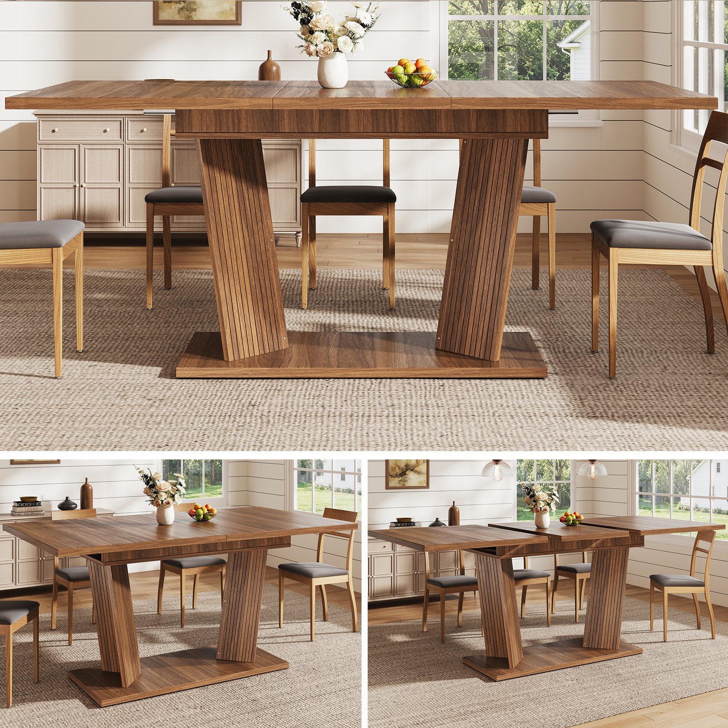 Clruro Eettafel - 120–160×80×76 cm - Uitschuifbaar - Dubbele Zuilvoet - MDF - Donkerbruin