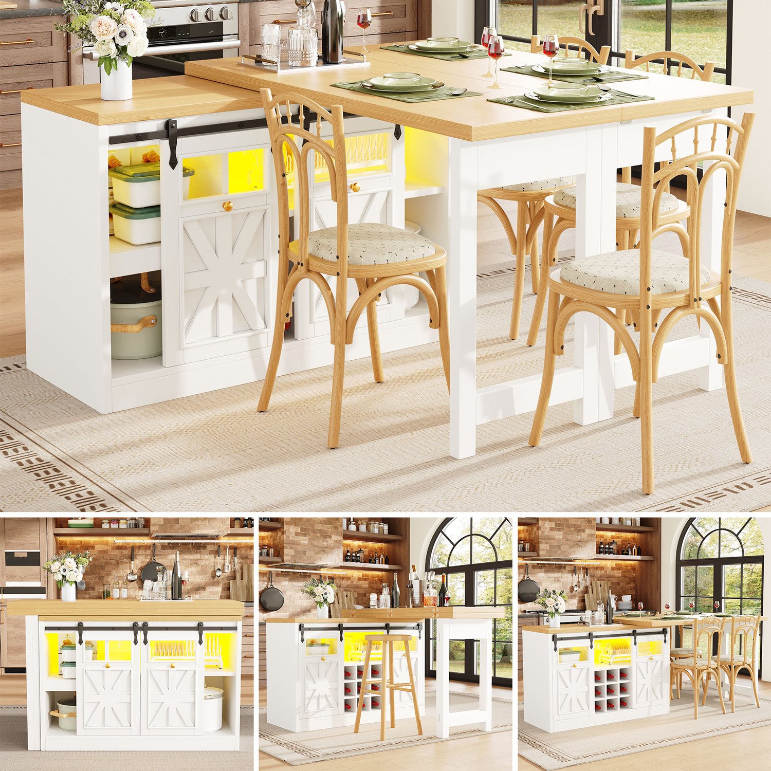 Clruro Eettafel - 120–197×40×72 cm - met Dressoir - 360° Draaibaar en RGB-LED - MDF - Wit