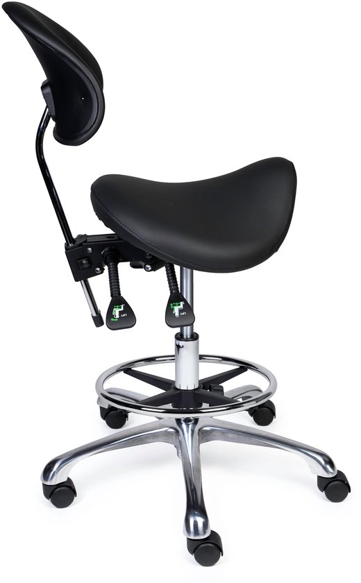 Zijaanzicht zwarte ergonomische zadelkruk met rugleuning, chromen voetsteun en 'LIFT' hendels.