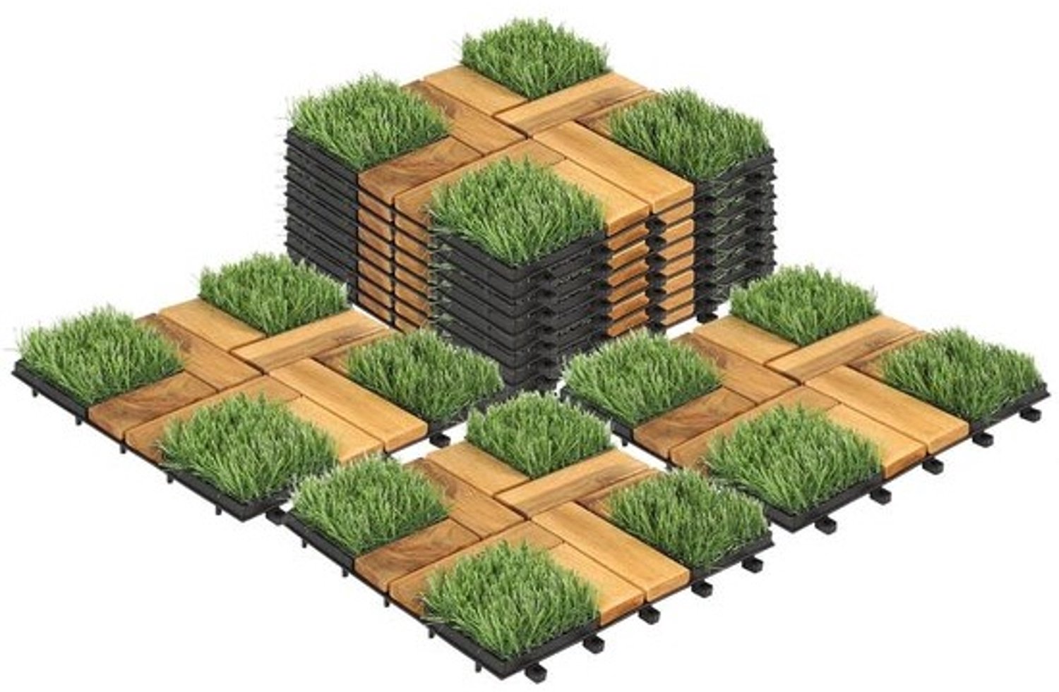 Houten tegels van acaciahout voor buiten 30 x 30 cm - 1 m² balkontegels met gras voor balkon, tuin, patio, vloer, eenvoudige en snelle installatie