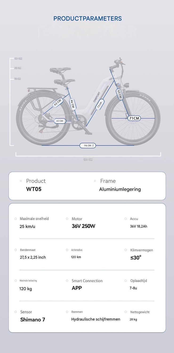 Onesprot WT05 Elektrische Stadsfiets 27,5 inch – Uitneembare 655Wh Accu – Tot 120 km Bereik – Shimano 7-Speed – Hydraulische Remmen –Koppelingssensor –App–Elektrische Fiets –Wit — afbeelding 4