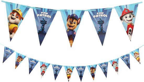 Blauwe Paw Patrol vlaggenlijn met afbeeldingen van Chase, Marshall en Rubble.