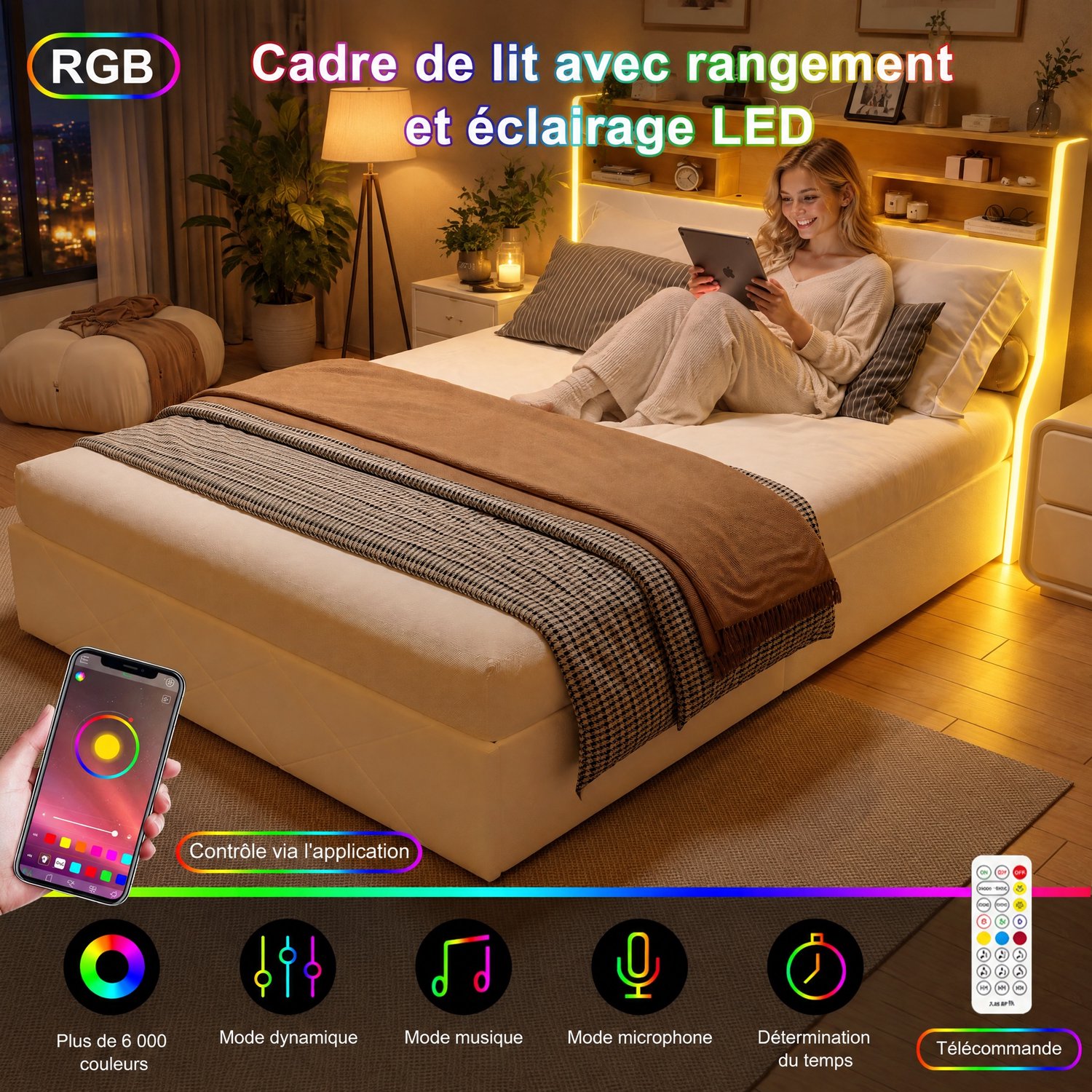 MEXUS Opbergbed 160x200 cm met ledverlichting en USB-poort, Tweepersoonsbed gestoffeerd met hoofdbord, bedframe met opbergruimte en lattenbodem, PU-materiaal, Wit