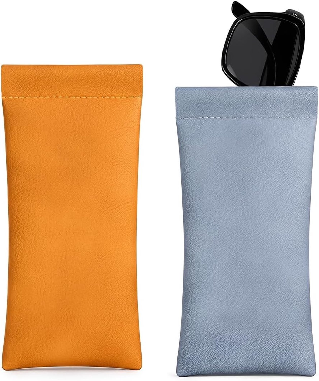 Leren brillenkoker met automatische clipsluiting, krasbestendig en zacht, ideaal voor brillen en zonnebrillen, 17,5 x 8 cm, oranje en blauw, perfect voor reizen en dagelijks gebruik